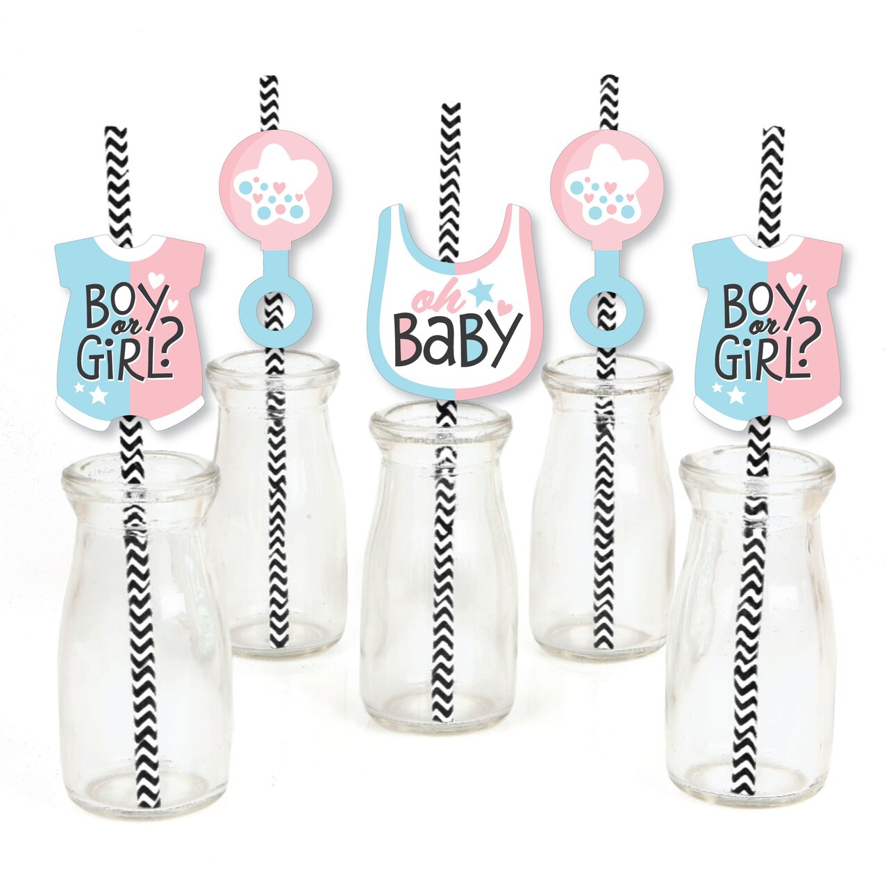 Big Dot of Happiness Baby Gender Reveal - Paper Straw Decor - Team Boy or Girl Party Striped Decorative Straws - Set of 24